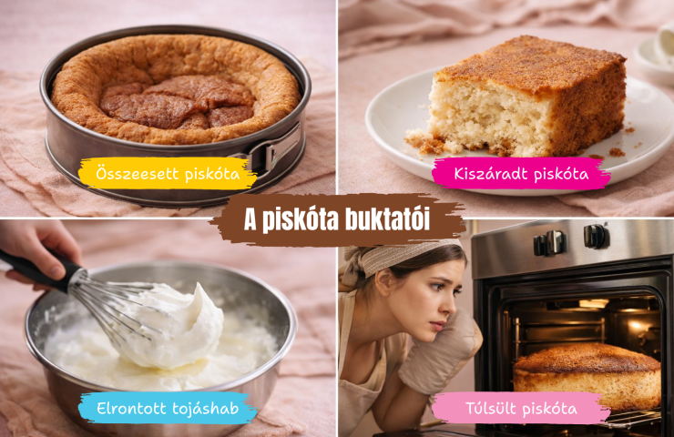 piskóta hibái montázs – összeesett piskóta, kiszáradt szelet, felvert tojáshab és túlsült torta rózsaszínes‑bézs háttérrel