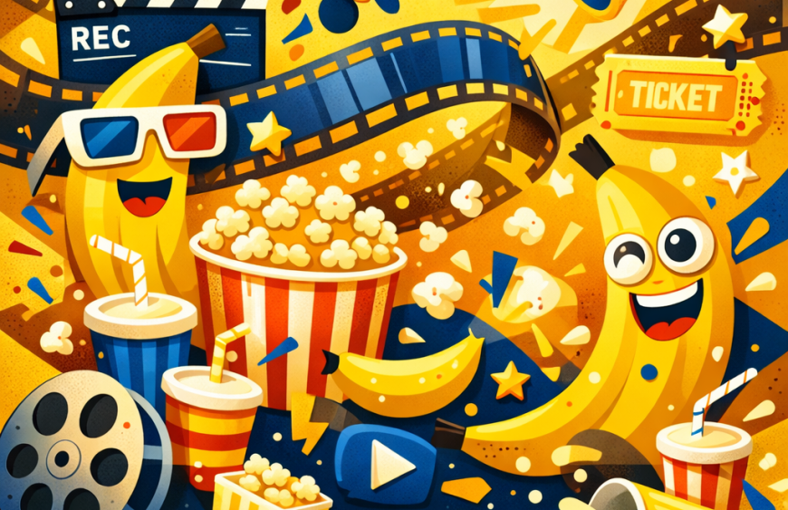 Vidám sárga filmes illusztráció banán motívumokkal